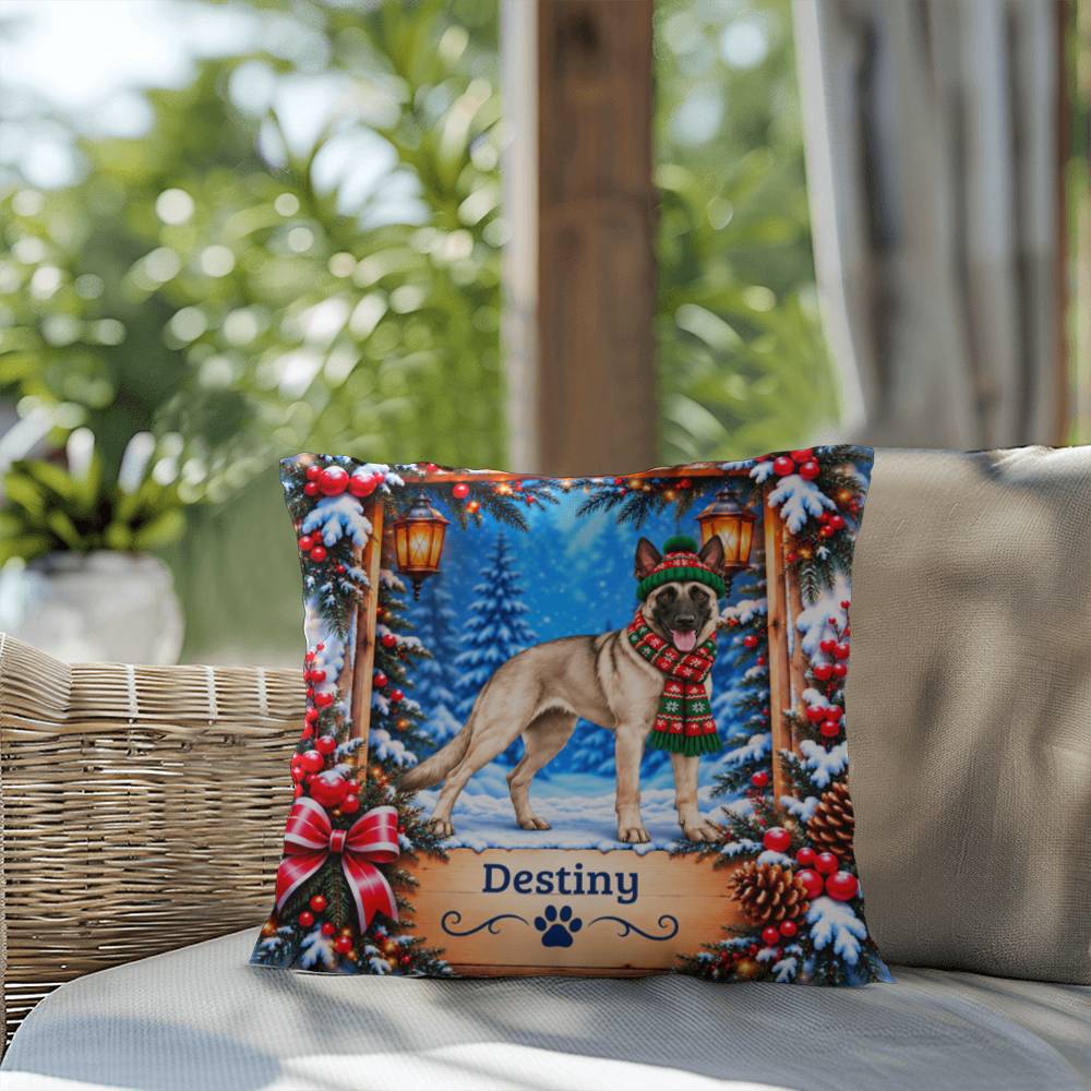 Belgian Malinois (Cream Sable Coat) - Personalized Winter Woodland Pillow, Custom Dog Name Gift