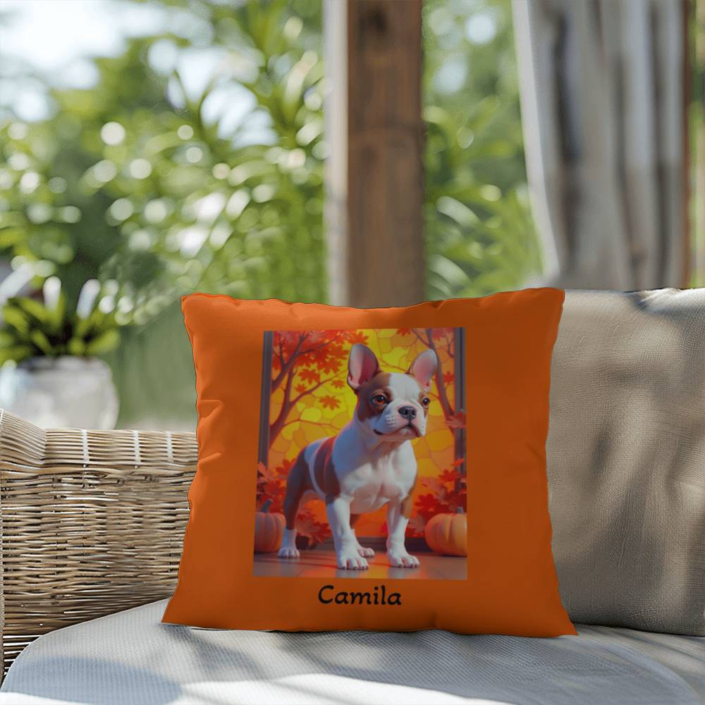 Red Pied French Bulldog pillow, personalized indoor outdoor dog cushion, custom Frenchie decor - MySisterIsASurvivor