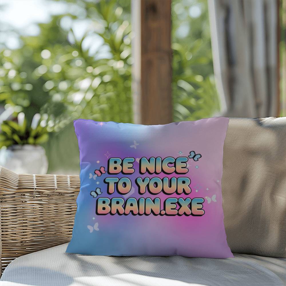 Personalized Y2K affirmation pillow with Be Nice to Your Brain.exe in retro font, accented with sparkles and pastel icons
