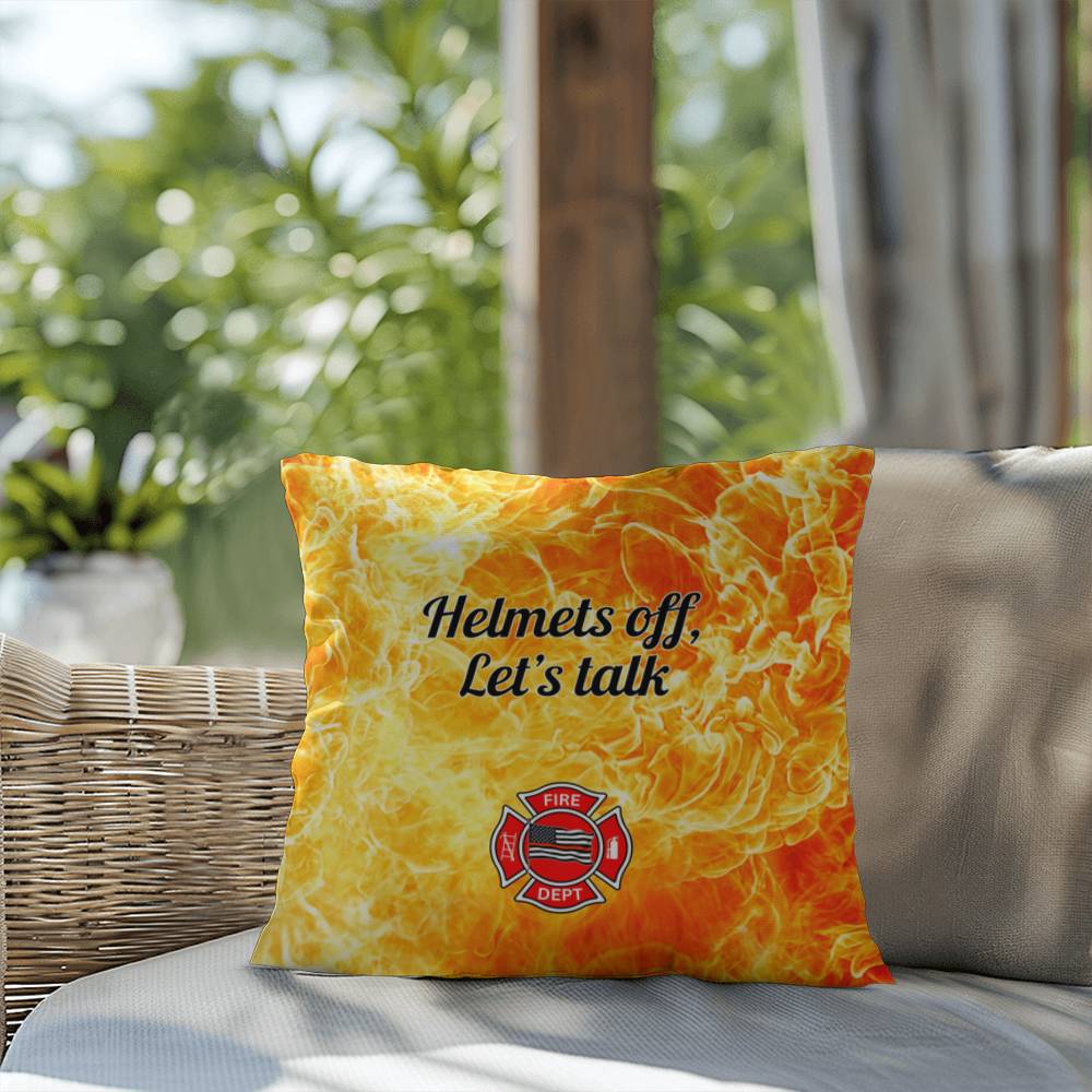 Custom pillow encouraging first responders to take off their helmets and talk about mental health, fostering important conversations.