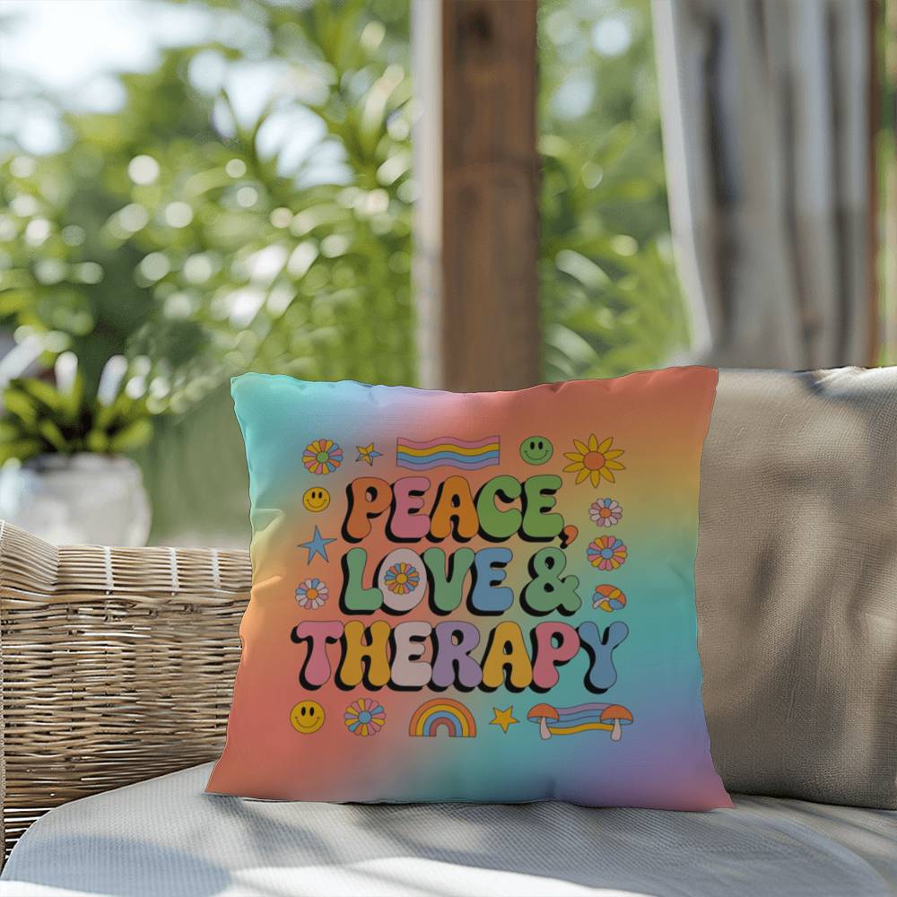 Peace, Love & Therapy personalized pillow, indoor outdoor support for healing and therapy rooms - MySisterIsASurvivor
