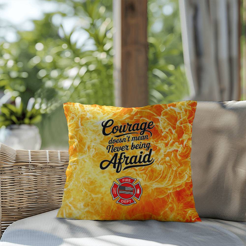 A comforting pillow for firefighters, emphasizing that courage includes acknowledging fears and seeking help when needed.