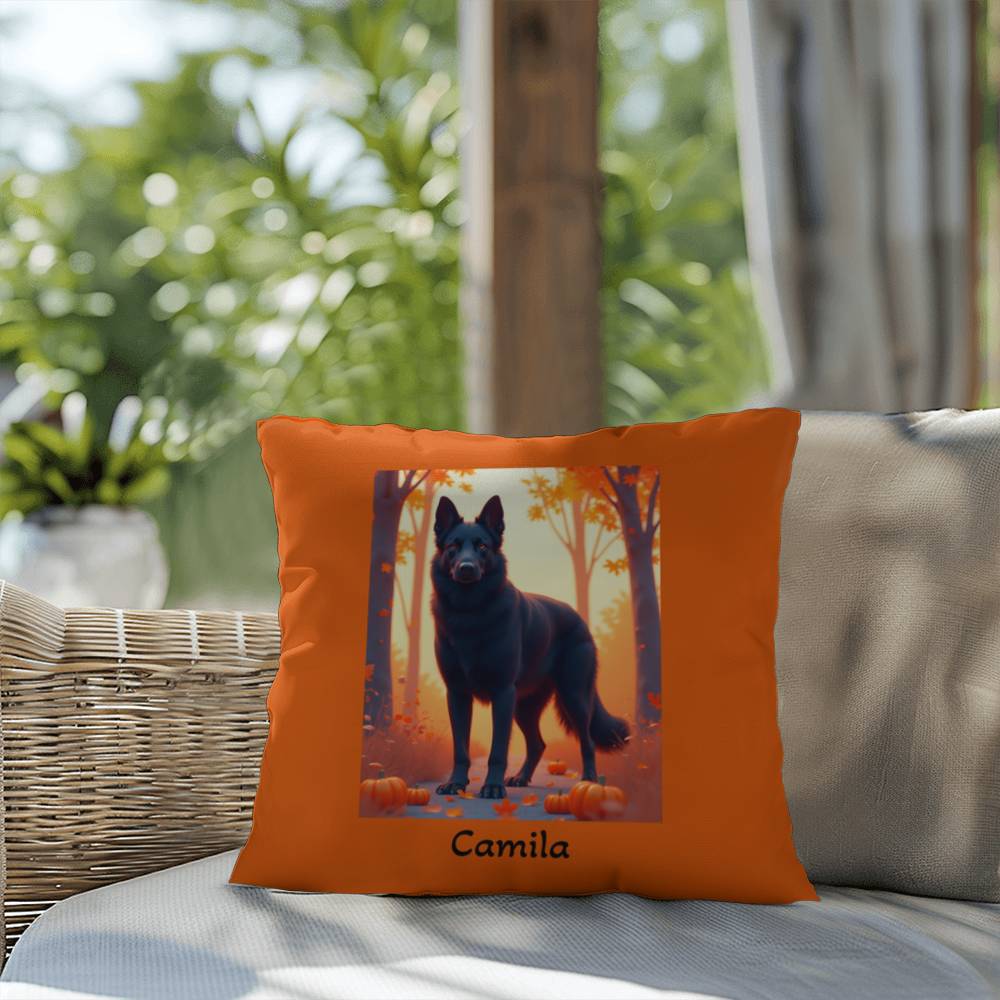 Black German Shepherd pillow, personalized indoor outdoor dog cushion, water-resistant GSD decor - MySisterIsASurvivor