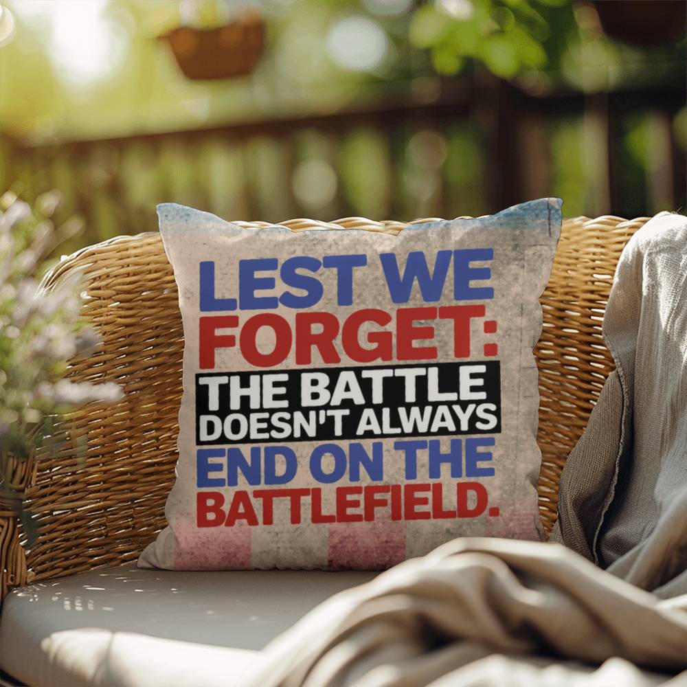 Lest We Forget custom military remembrance pillow for PTSD support, Memorial Day tribute, and honoring veteran service