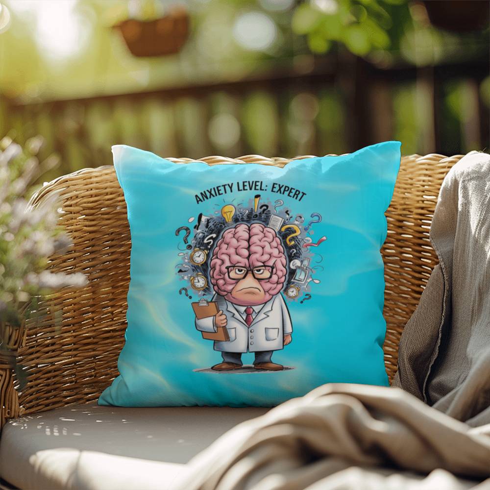 Personalized "Anxiety Level: Expert" indoor/outdoor pillow, mental health decor cushion for self-care and anxiety relief.