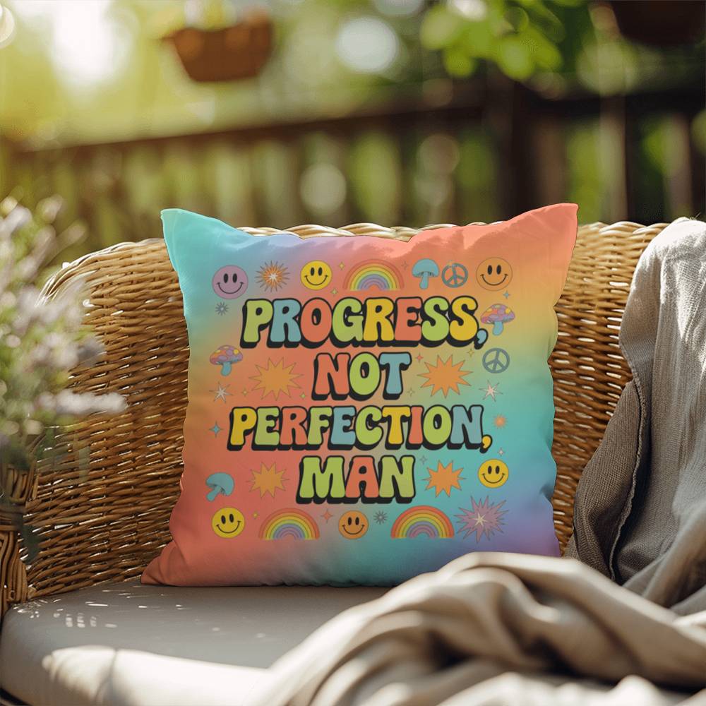 Progress Not Perfection man pillow, indoor outdoor encouragement and retro growth support - MySisterIsASurvivor