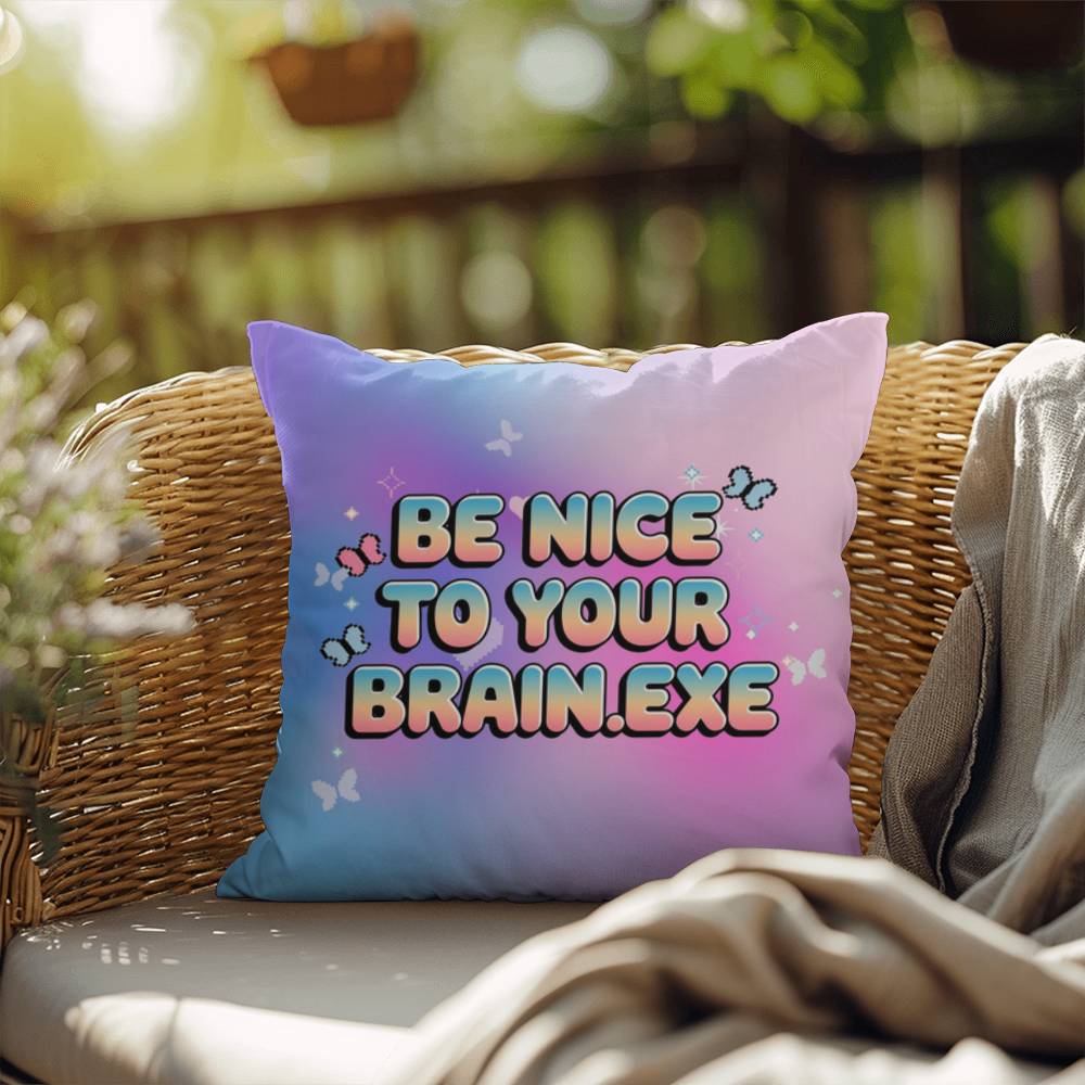 Personalized Y2K affirmation pillow with Be Nice to Your Brain.exe in retro font, accented with sparkles and pastel icons