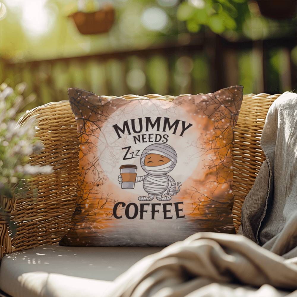 Halloween indoor/outdoor pillow with “Mummy Needs Coffee” for spooky humor and décor