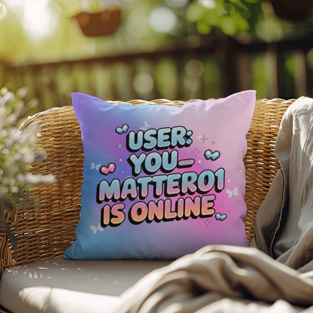 Retro tech pillow reading "User: You_Matter01 is Online" with a customizable username and vibrant Gen Z color scheme