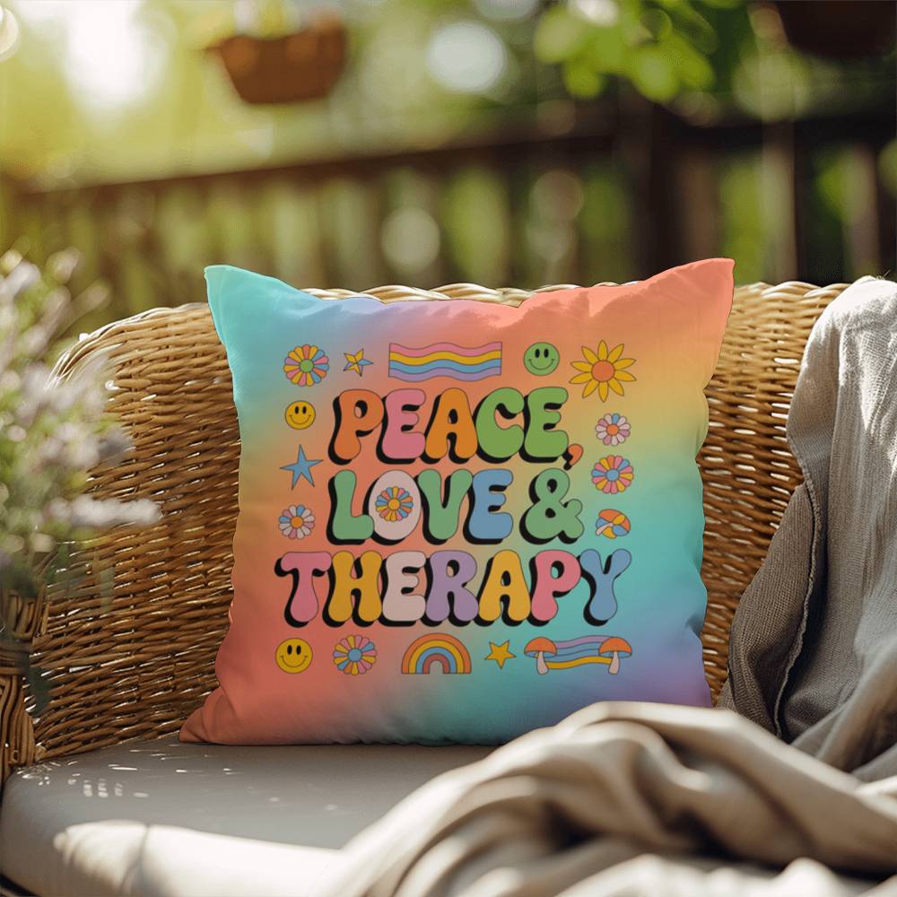Peace, Love & Therapy personalized pillow, indoor outdoor support for healing and therapy rooms - MySisterIsASurvivor