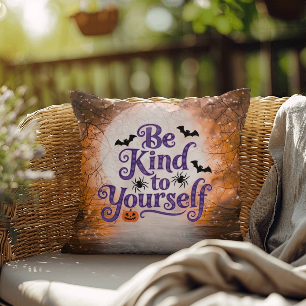 Inspirational Halloween indoor/outdoor pillow featuring “Be Kind To Yourself” for self-care and positivity