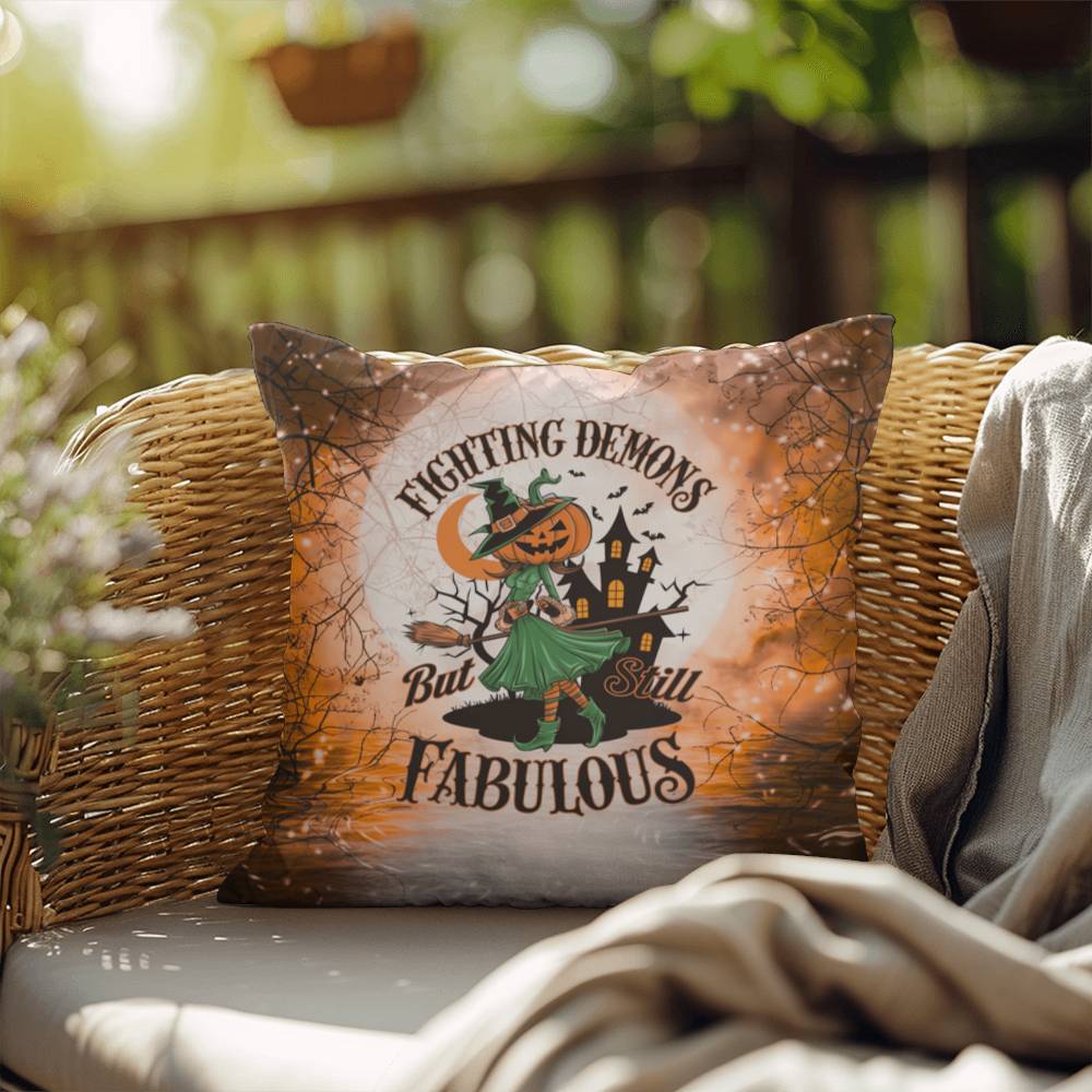 Halloween-themed indoor/outdoor throw pillow featuring “Fighting Demons” motivational message