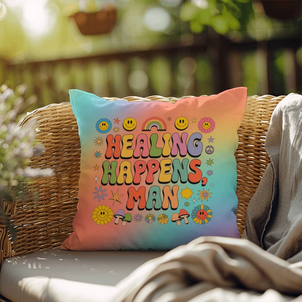 Custom 70s pillow with “Healing Happens, Man” in wavy font and vintage colors, for therapy offices or home wellness spaces