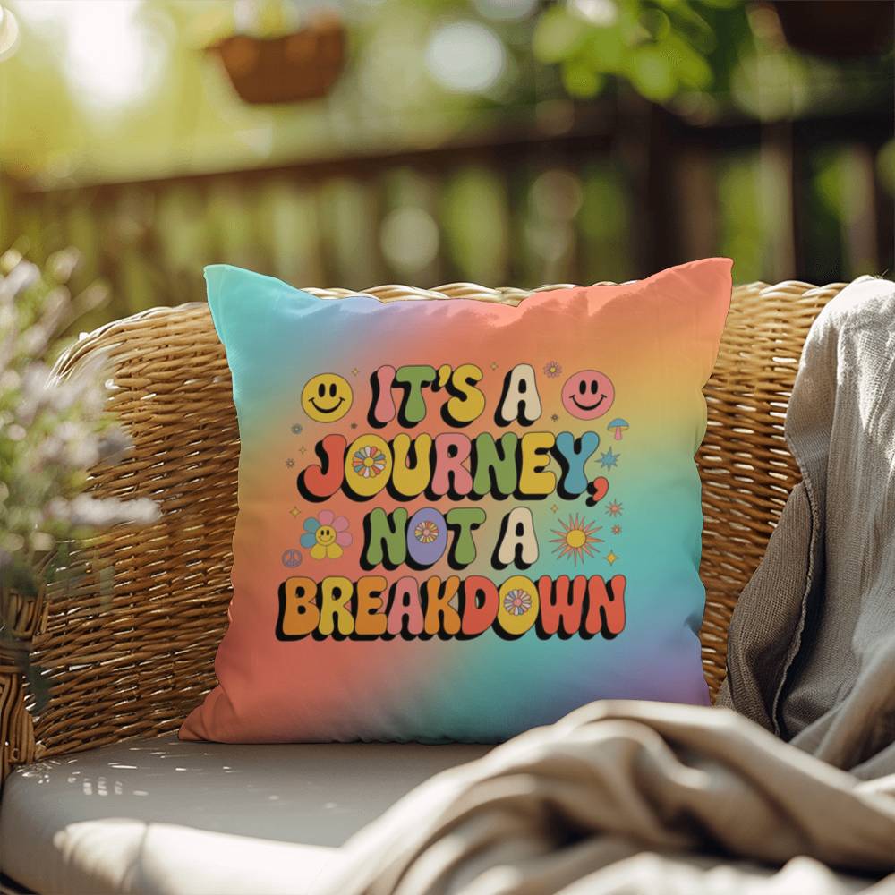 Retro-style pillow with “It’s a Journey, Not a Breakdown” text, customizable with a name, ideal for emotional support and daily reminders