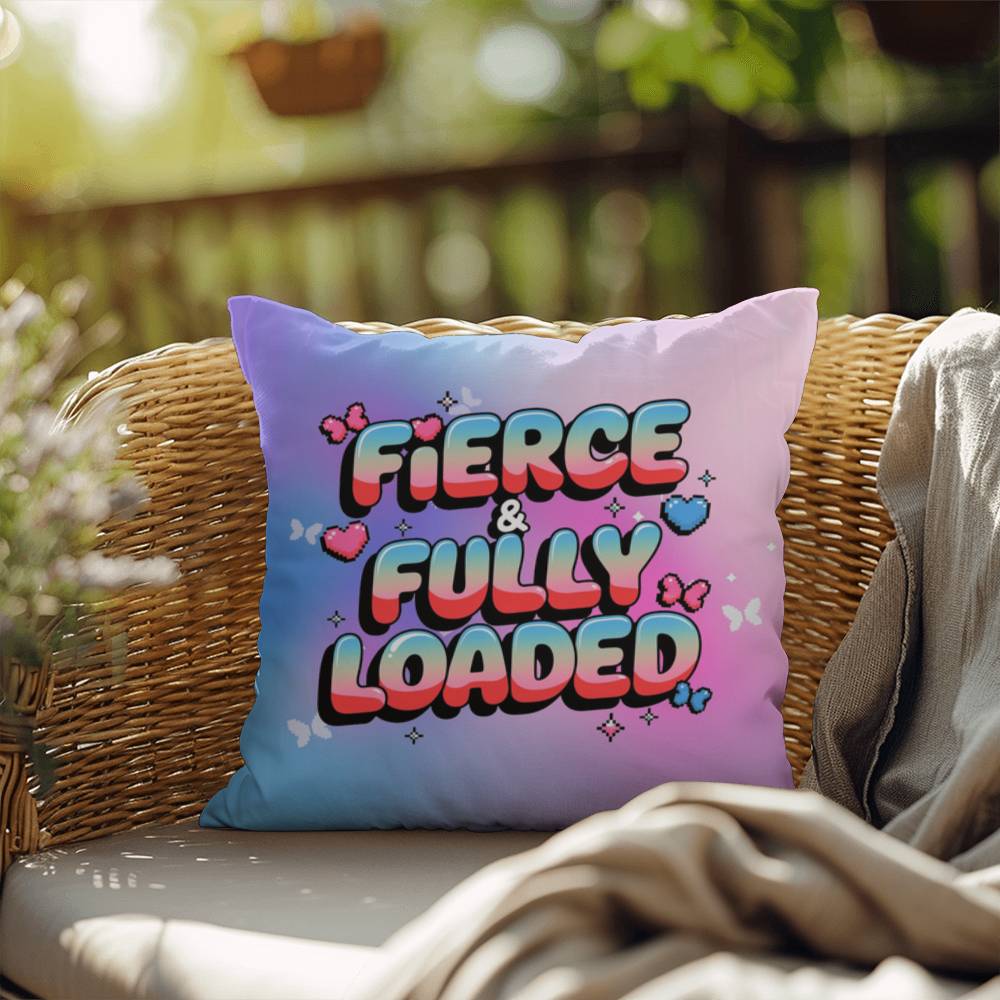 Fierce & Fully Loaded Y2K throw pillow with custom name in bold, futuristic chrome text for empowered self-care vibes