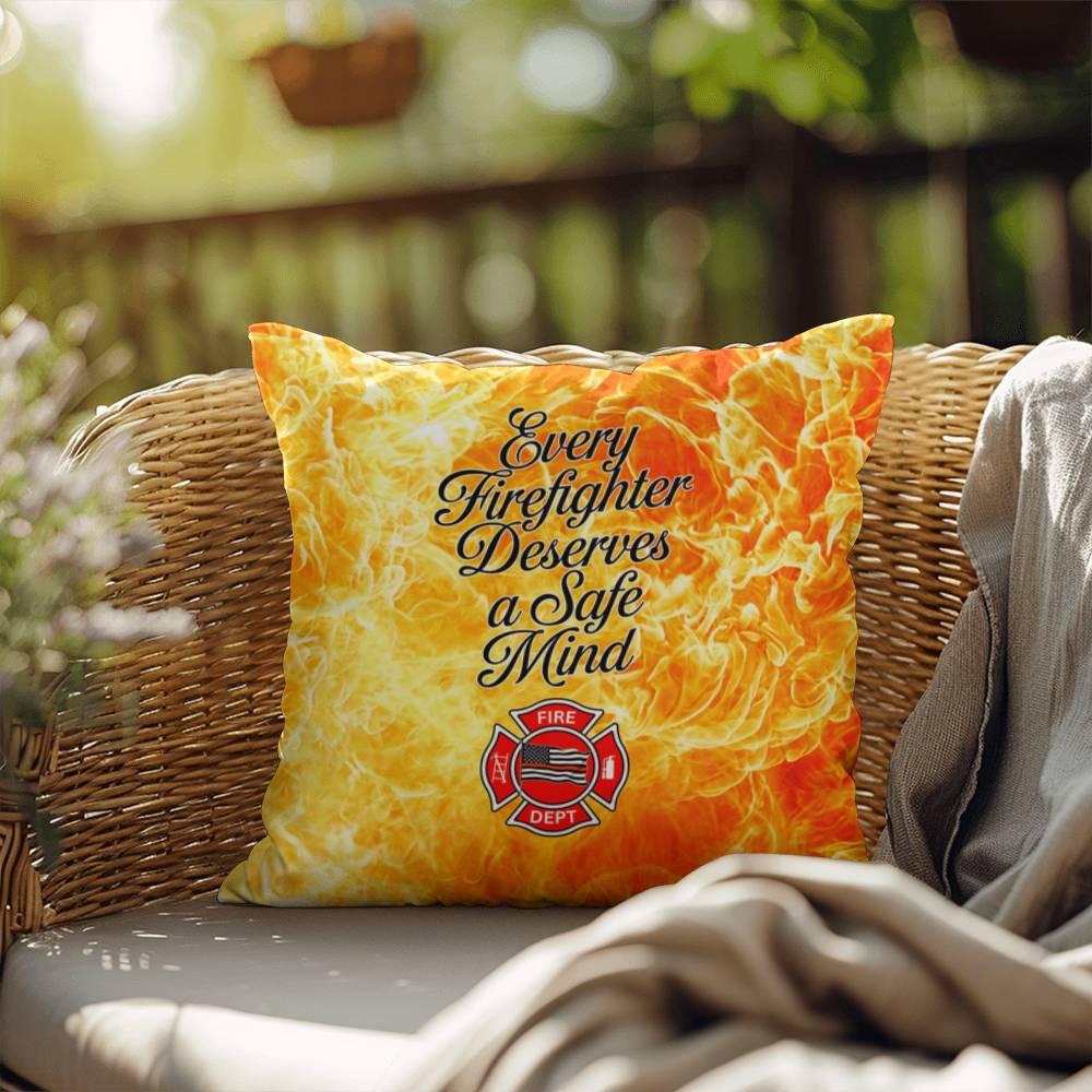 Pillow designed to promote mental health awareness for firefighters, emphasizing the need for emotional well-being and a safe mind.