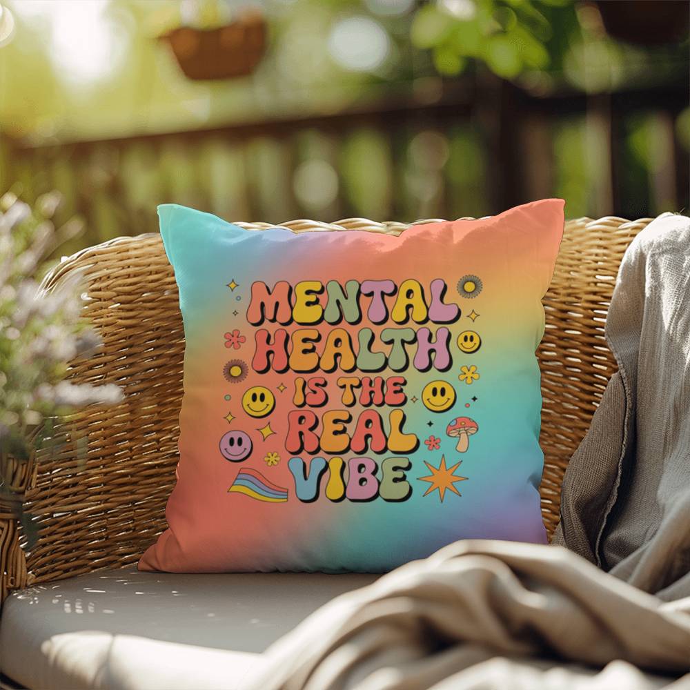 Custom retro pillow with “Mental Health Is the Real Vibe” in nostalgic script and color blend background for mental wellness advocates