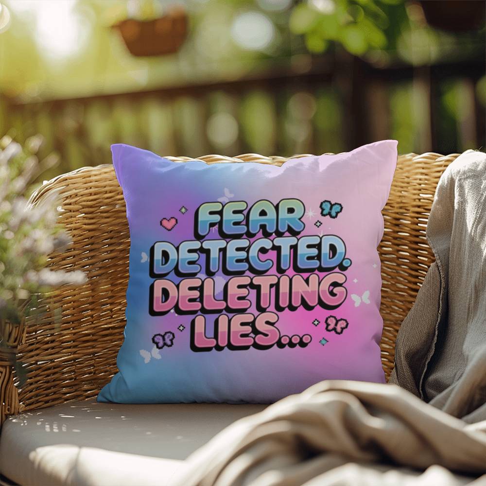 Mental health pillow with Fear Detected. Deleting Lies… in Y2K chrome text, personalized for unique therapy or dorm decor