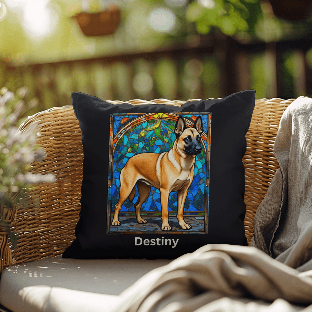 Cream Sable Belgian Malinois Pillow, personalized name stained glass art for cozy home décor