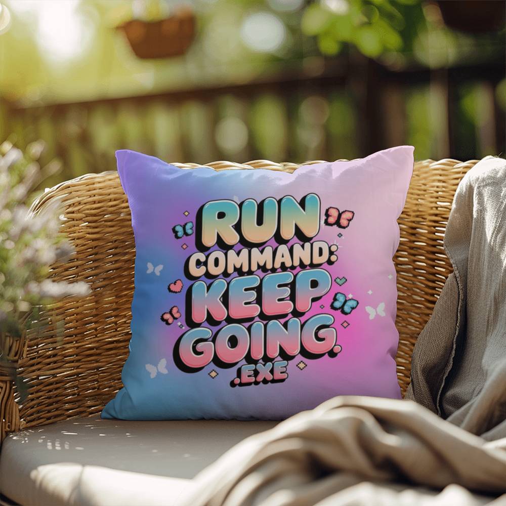 Personalized digital-themed pillow reading "Run Command: Keep Going.exe" in vibrant Y2K design, perfect for motivation and mental strength