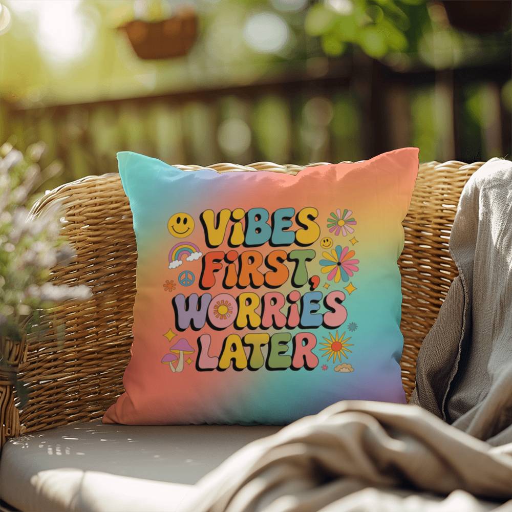 Groovy personalizable pillow with “Vibes First, Worries Later” in upbeat lettering and rainbow tones for peaceful home accents