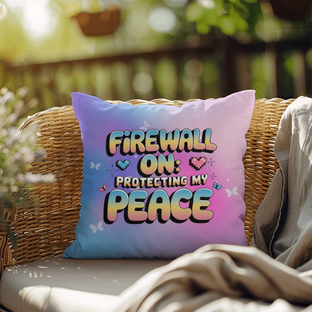 Firewall On: Protecting My Peace affirmation pillow with custom name, decorated with pastel digital elements for a Y2K aesthetic