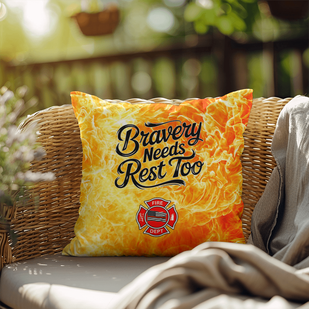 Custom pillow reminding first responders that bravery includes self-care and rest. Perfect for cozy spaces and mental health awareness.