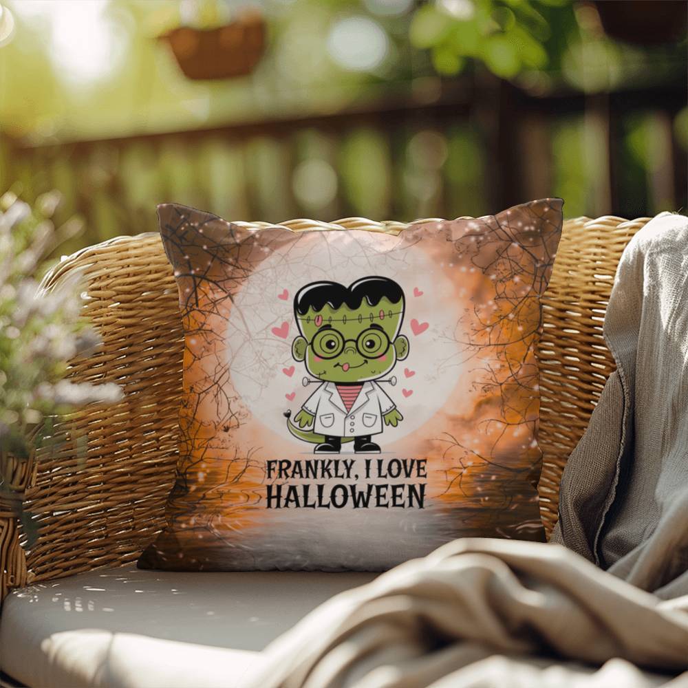 Frankenstein-inspired indoor/outdoor Halloween pillow with “Frankly I Love Halloween”