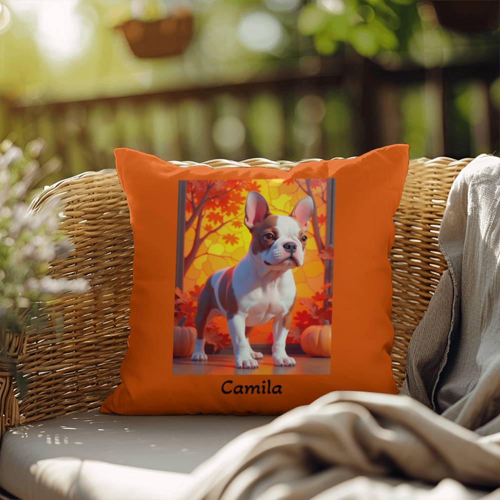 Red Pied French Bulldog pillow, personalized indoor outdoor dog cushion, custom Frenchie decor - MySisterIsASurvivor
