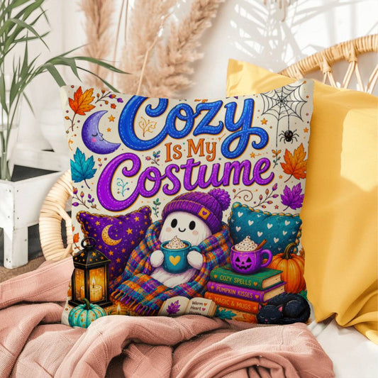 Cozy Is My Costume saying with ghost artwork on a Halloween throw pillow inspired by autumn comfort