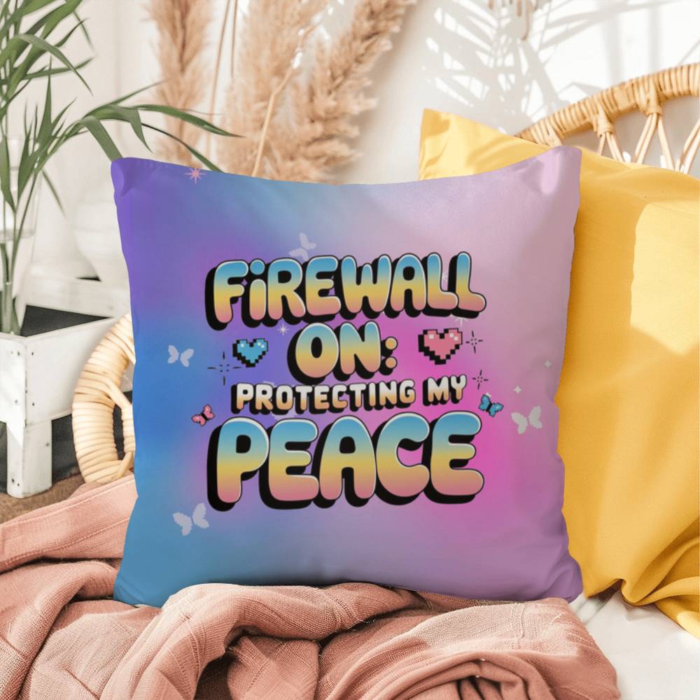 Firewall On: Protecting My Peace affirmation pillow with custom name, decorated with pastel digital elements for a Y2K aesthetic