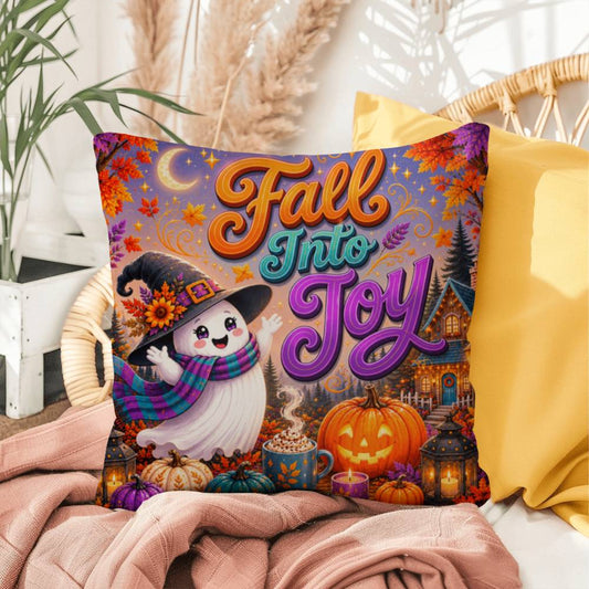 Fall Into Joy message with ghost and witch artwork on a cheerful Halloween throw pillow