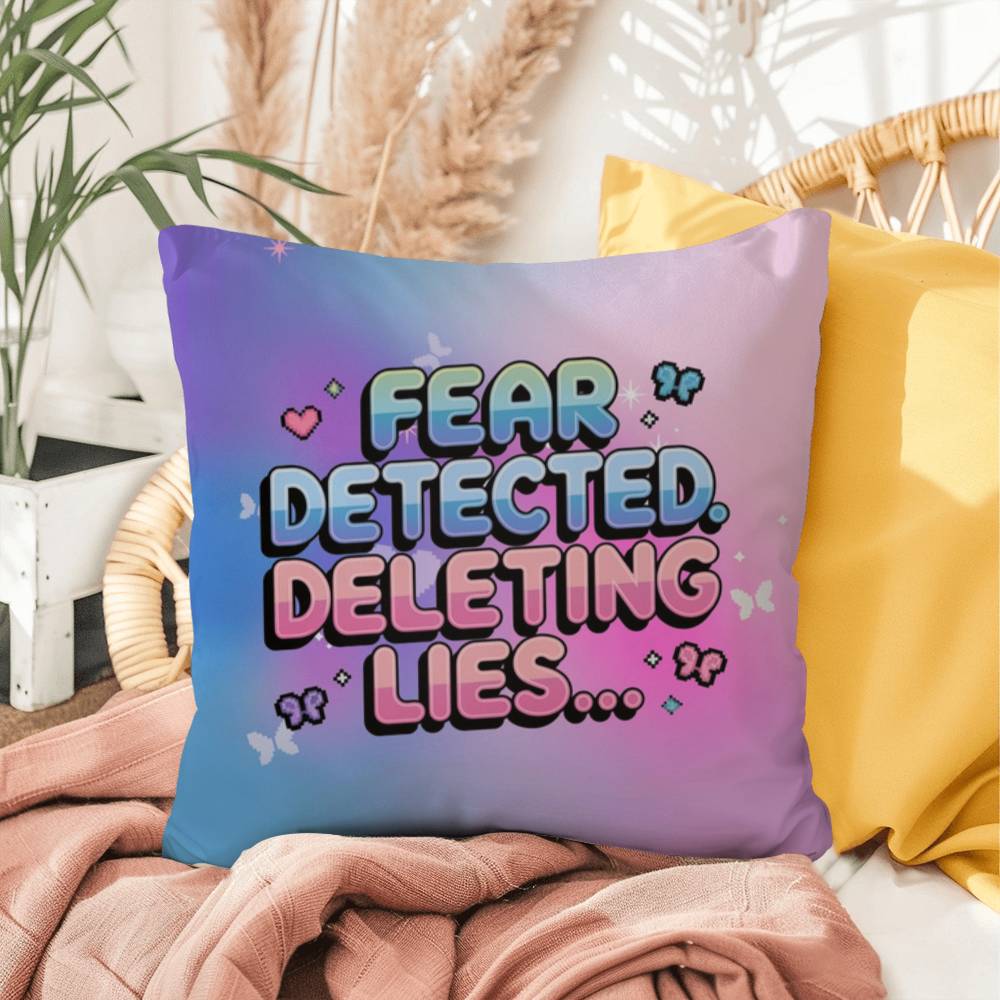 Mental health pillow with Fear Detected. Deleting Lies… in Y2K chrome text, personalized for unique therapy or dorm decor