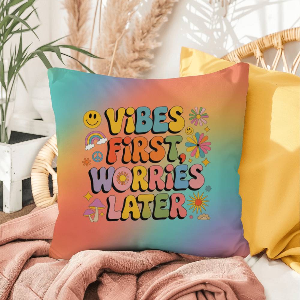 Groovy personalizable pillow with “Vibes First, Worries Later” in upbeat lettering and rainbow tones for peaceful home accents