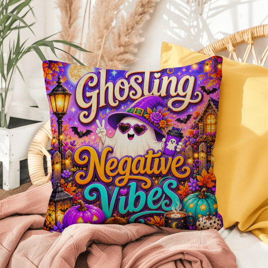 Ghosting Negative Vibes message with peace sign ghost artwork on a positive Halloween throw pillow