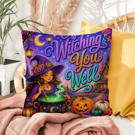 Witching You Well quote with magical autumn artwork on a Halloween wellness throw pillow