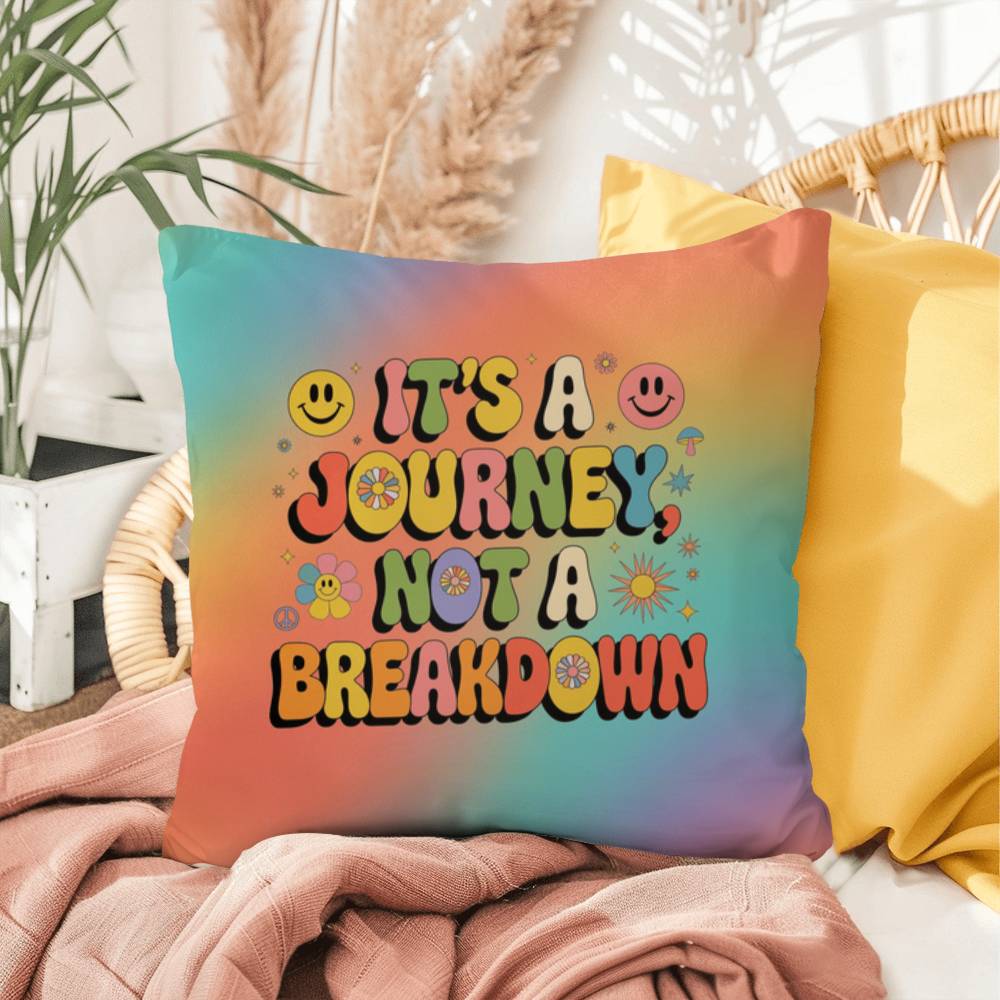 Retro-style pillow with “It’s a Journey, Not a Breakdown” text, customizable with a name, ideal for emotional support and daily reminders