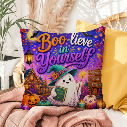 Boo-lieve In Yourself message with friendly ghost illustration on an encouraging Halloween throw pillow