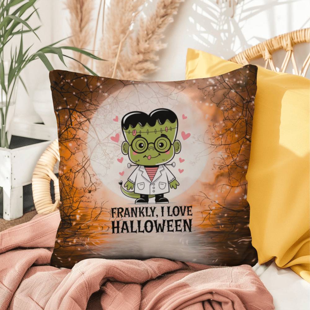 Frankenstein-inspired indoor/outdoor Halloween pillow with “Frankly I Love Halloween”
