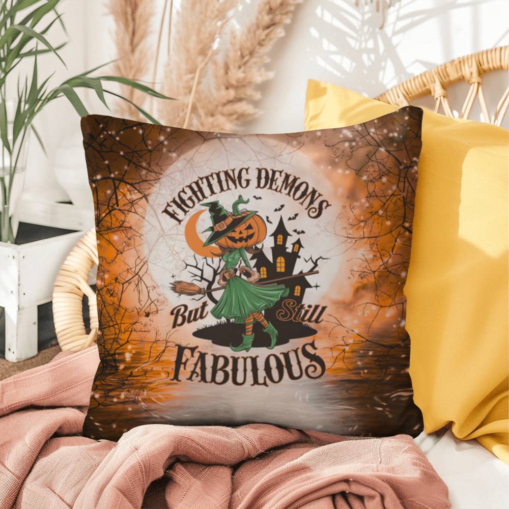 Halloween-themed indoor/outdoor throw pillow featuring “Fighting Demons” motivational message