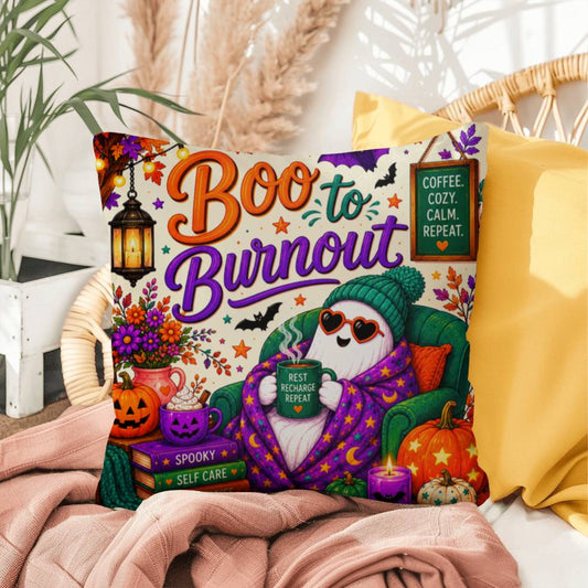 Boo To Burnout quote with ghost and coffee artwork on a Halloween throw pillow promoting self care