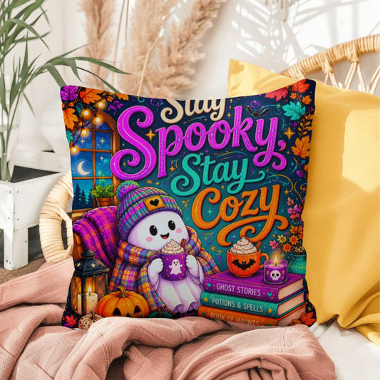 Stay Spooky Stay Cozy quote with ghosts and books on a Halloween throw pillow