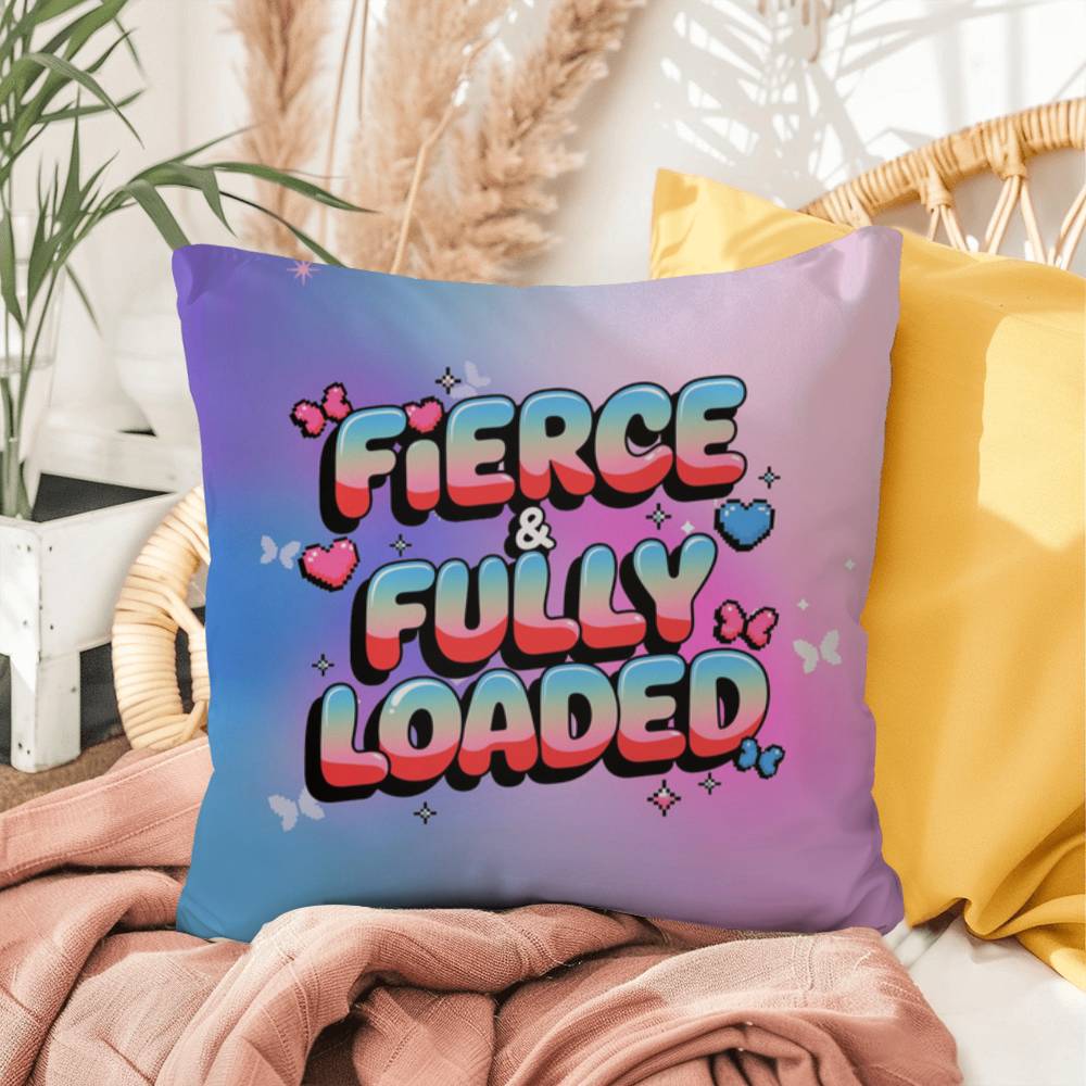 Fierce & Fully Loaded Y2K throw pillow with custom name in bold, futuristic chrome text for empowered self-care vibes