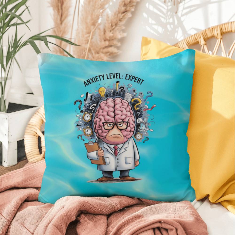 Personalized "Anxiety Level: Expert" indoor/outdoor pillow, mental health decor cushion for self-care and anxiety relief.