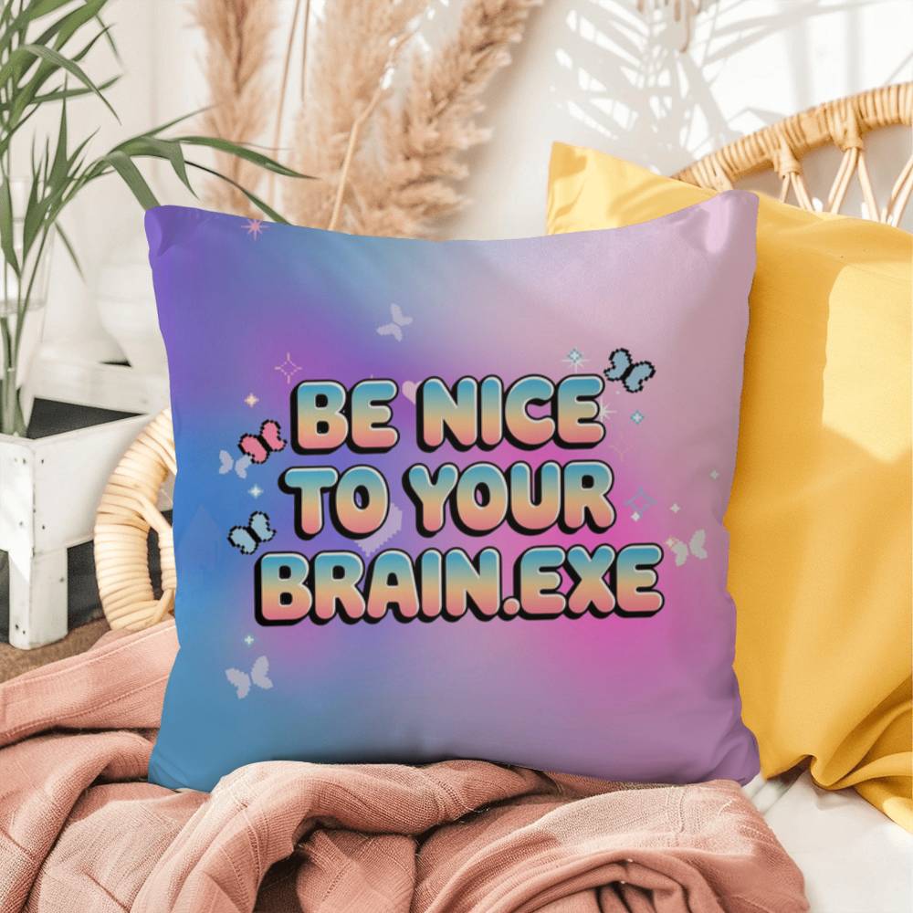 Personalized Y2K affirmation pillow with Be Nice to Your Brain.exe in retro font, accented with sparkles and pastel icons