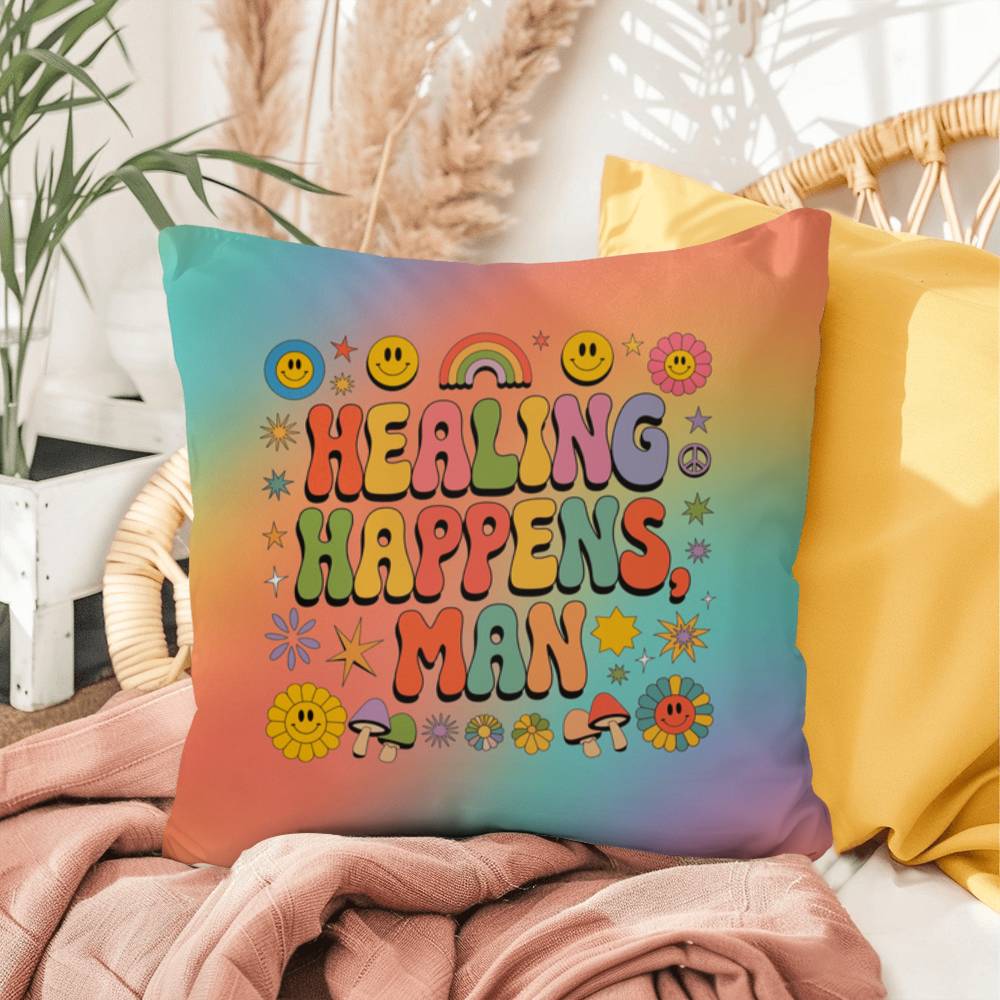 Custom 70s pillow with “Healing Happens, Man” in wavy font and vintage colors, for therapy offices or home wellness spaces