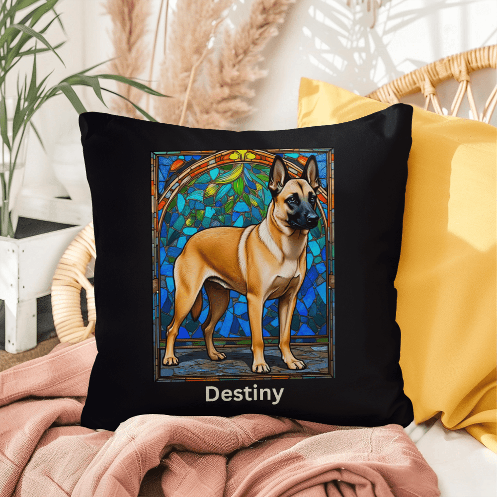 Cream Sable Belgian Malinois Pillow, personalized name stained glass art for cozy home décor