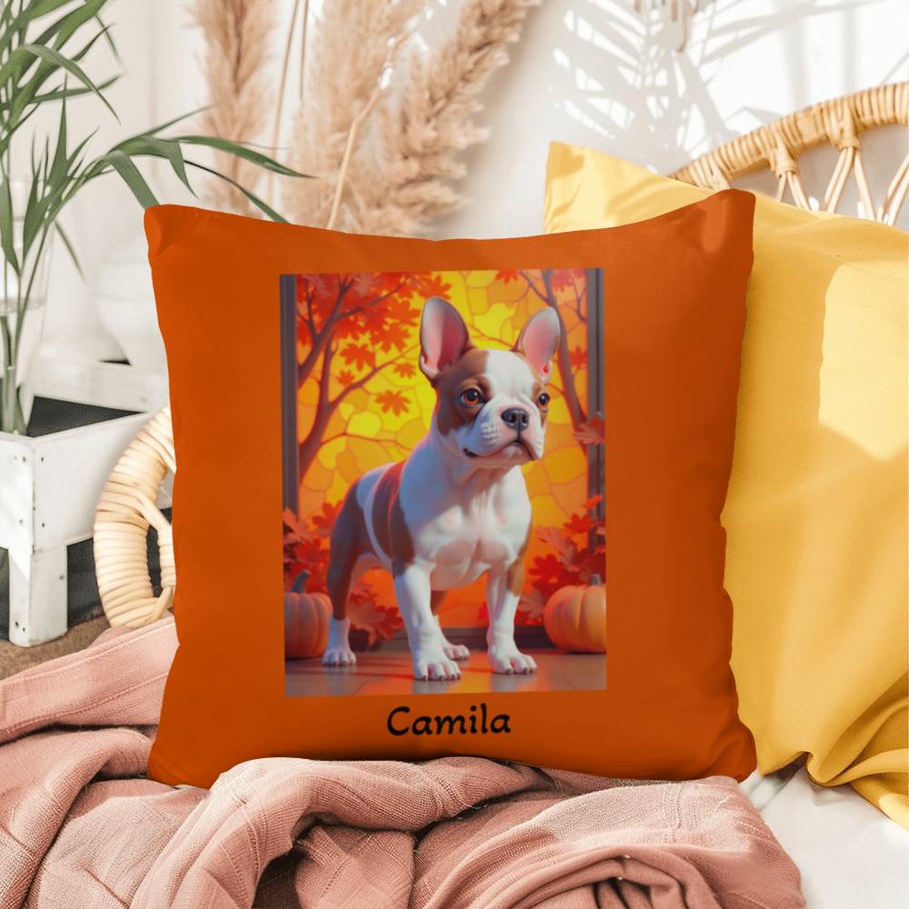 Red Pied French Bulldog pillow, personalized indoor outdoor dog cushion, custom Frenchie decor - MySisterIsASurvivor