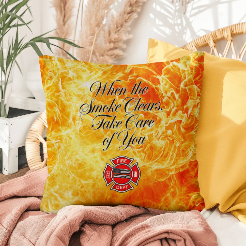 A supportive pillow for firefighters, reminding them to take care of their mental health after the physical demands of their work.