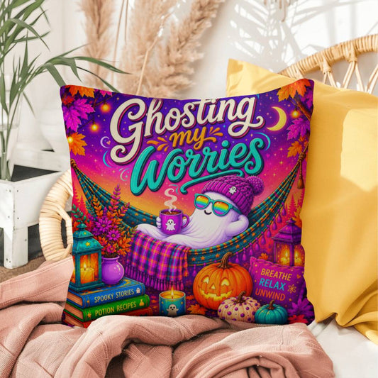 Ghosting My Worries quote with friendly ghost artwork on a Halloween throw pillow with calming vibes